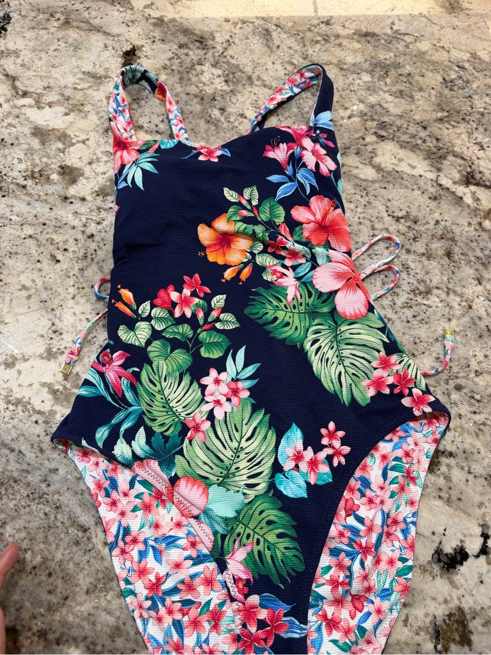 Tommy Bahama Hibiscus  Women's Reversible Lace Back One-Piece Swimsuit Size 14